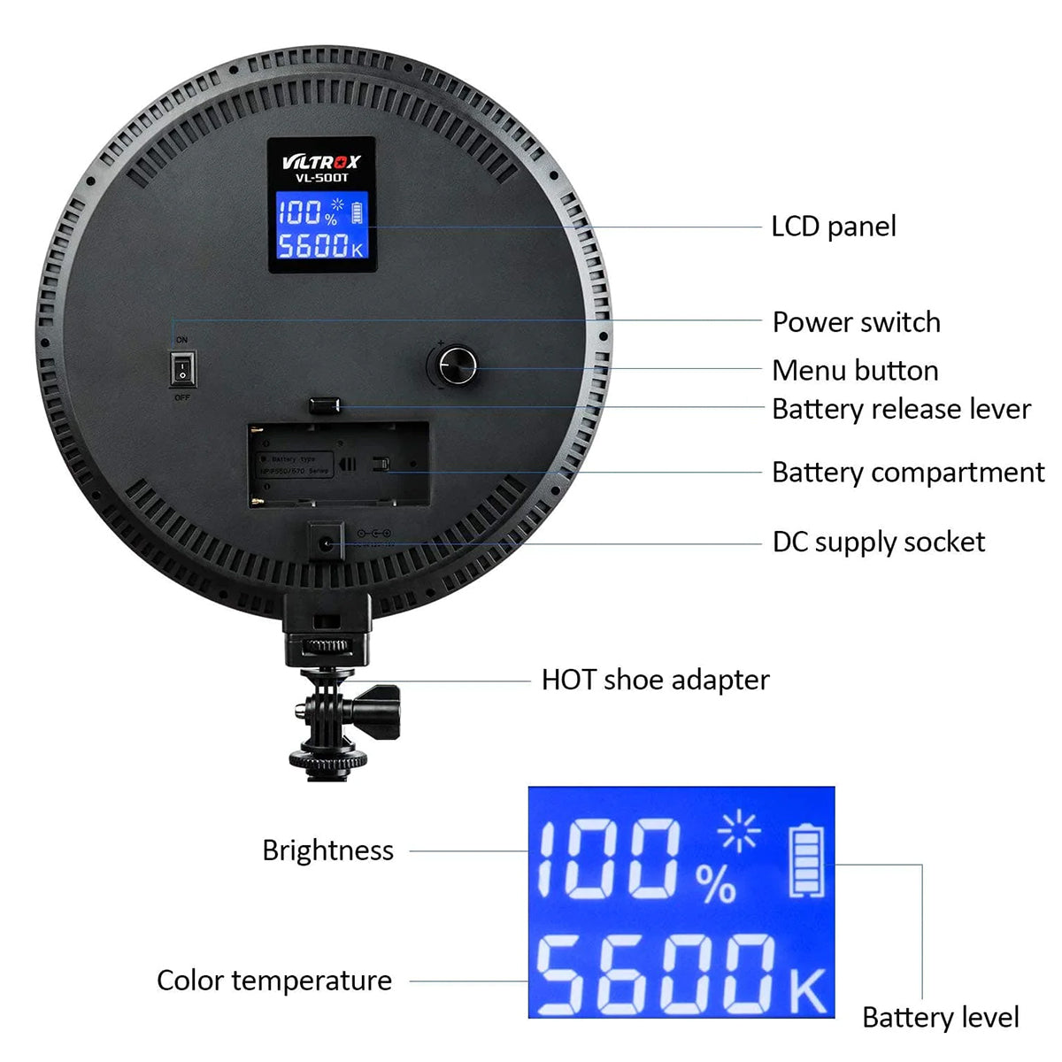 Viltrox VL-500T,  2000 Lumens 25W Round LED Light, Adjustable Power & Color